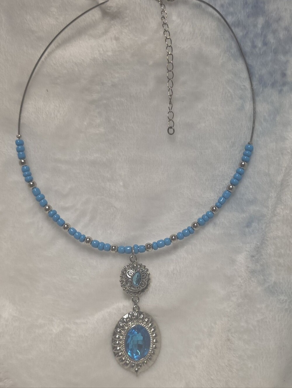 Blue Beaded Silver Pendant Necklace